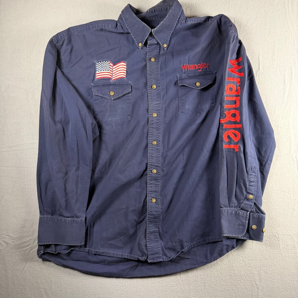 Vintage Wrangler Mens Navy Blue Western Button Down Shirt American Flag Logo XL